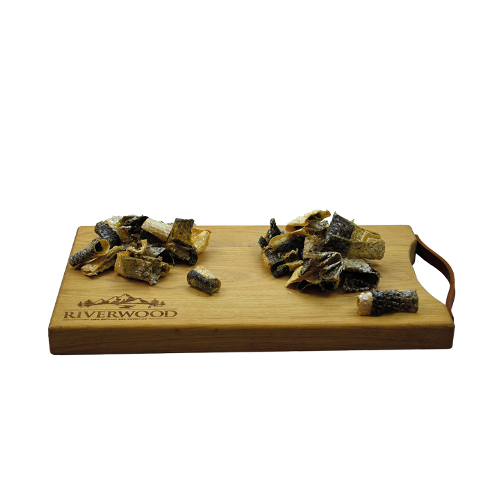 Kausnacks mit Fisch | getrocknete Hundesnacks | Lachshaut-Bissen | 100 Gramm