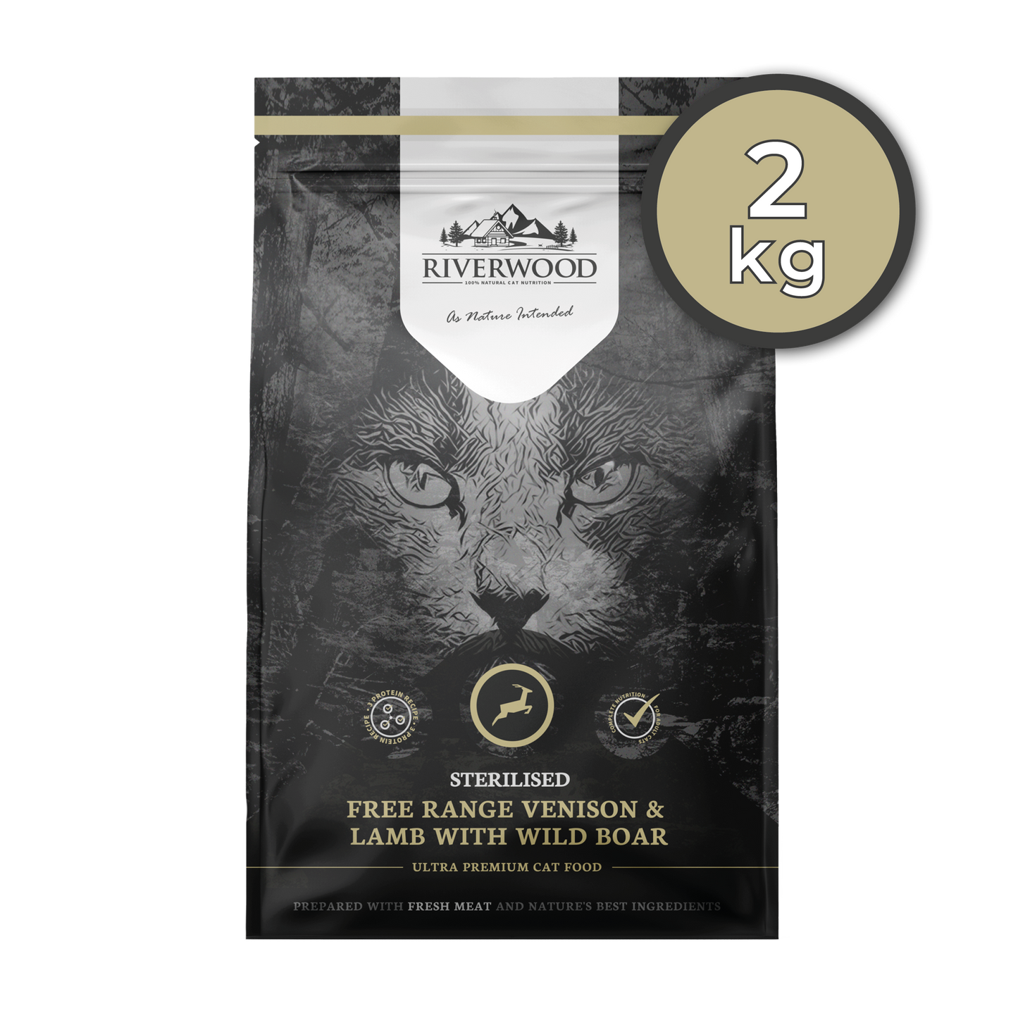 Trockenfutter für Katzen mit Fleisch | Kroketten | Sterilisiert Hirsch & Lamm mit Wildschwein
